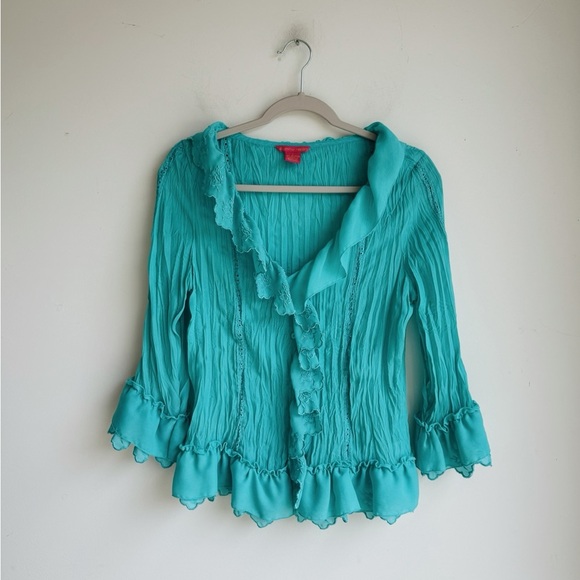 VINTAGE Sunny Leigh Aqua Ruffle Cardigan Blouse Romantic Boho Top Large - Picture 5 of 6